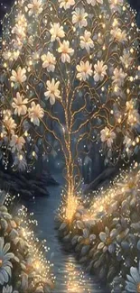 Luminous tree with glowing daisies by a starlit stream.