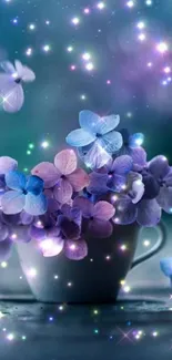 Enchanting mobile wallpaper with purple flowers and sparkles.