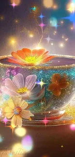 Glowing teacup with vibrant, sparkling flowers on a wooden surface.