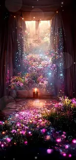 Magical room with glowing flowers under a dim light, creating a serene ambiance.