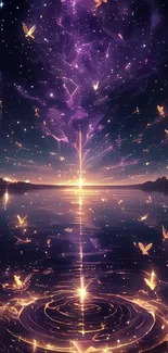 Magical night sky with butterflies over a lake.