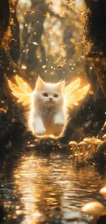 A magical cat with wings flies in a glowing forest.