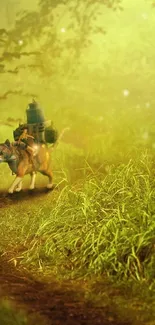 A child rides a fluffy dog through a magical forest path, creating a whimsical scene.