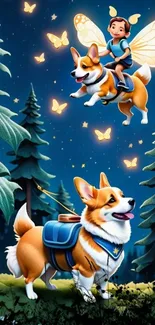 Fantasy forest with corgis and fairy child in digital art style.