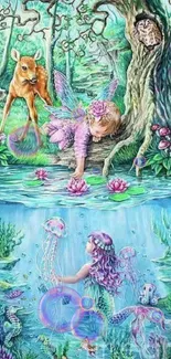 Fantasy wallpaper with forest fairy and underwater scene.