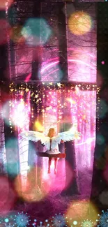 Fantasy forest with angel and magical pink lights in vibrant colors.