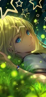 Anime character in a magical forest with glowing stars.