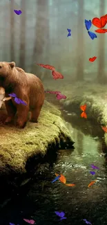 Child hugging bear in a misty forest with magical light.