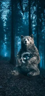 Bear holding glowing orb in mystical forest at night.