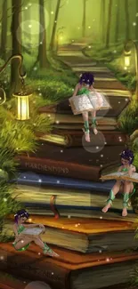 Enchanted forest with books lining a magical path.