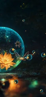 Enchanting forest scene with glowing flower and bubble.