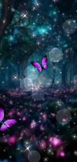 Purple butterflies gracefully flutter in a glowing, enchanted forest.