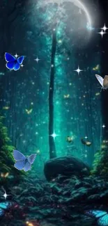 Mystical forest with butterflies and stars under a moonlit sky.