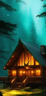 An illuminated wooden cabin in a mystical forest at night.