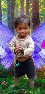 Child with fairy wings in magical forest wallpaper.