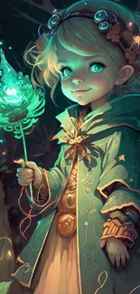 Magical forest child holding glowing staff, teal hues dominate.