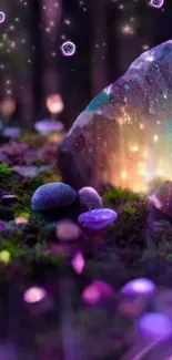 Glowing crystal in a magical forest setting with ethereal colors and dreamy ambiance.