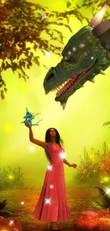 Mystical woman and dragon in a vibrant forest setting.