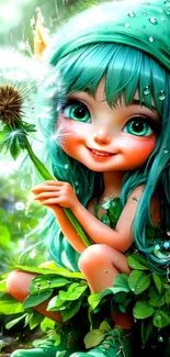 Magical forest elf with teal hair and greenery.