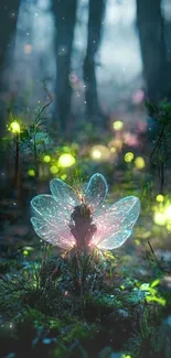 Enchanting forest with glowing fairy and fireflies.