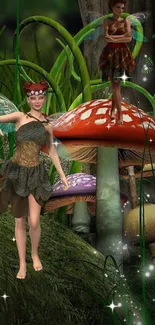 Whimsical fairies in a magical forest with vibrant mushrooms.