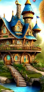 Fairy tale house in a vibrant forest with waterfalls and butterflies.