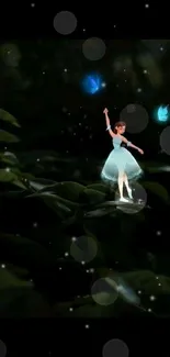 Magical fairy in a dark forest with glowing blue butterflies.