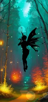 Silhouette of a fairy in a mystical, glowing forest scene.