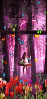 Girl swings in a magical forest, with tulips and a dragon in a fantasy scene.