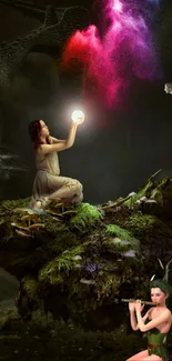 Fantasy scene with fairies holding a glowing orb in a mystical forest setting.