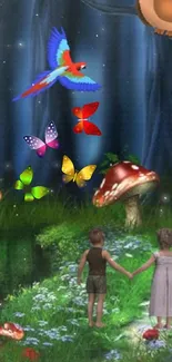 Children holding hands in a magical forest with butterflies and mushrooms.