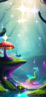 Fantasy forest with magical creatures and vibrant colors.