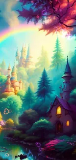 Fantasy castle and forest with rainbow in vibrant colors.