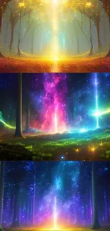 Magical forest with vibrant auroras in a fantasy phone wallpaper.