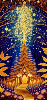 Magical forest with golden trees and stars in vibrant fantasy style.