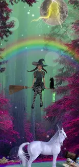 Fantasy wallpaper with witch, unicorn, and glowing moon in a mystical forest.