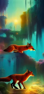 Enchanting teal forest with vibrant foxes in a magical scene.