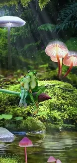 Two frogs in a mystical forest setting with glowing mushrooms.