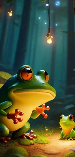 A magical forest scene with two vibrant frogs and glowing lanterns.