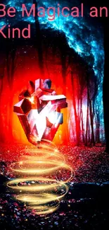 Magical glowing heart in a dark fantasy forest with vibrant colors.