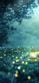 Magical forest scene with glowing lantern and fireflies.