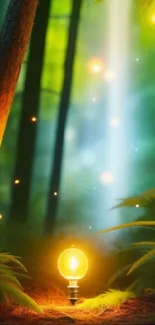 Magical forest scene with glowing light bulb amidst greenery.