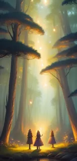 Three figures in a magical forest with glowing light and tall trees.