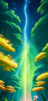 Magical forest wallpaper with lightning and glowing trees.