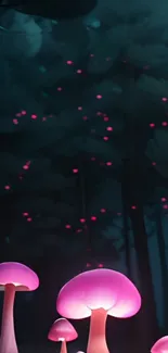 Glowing pink mushrooms in a dark, mystical forest setting.