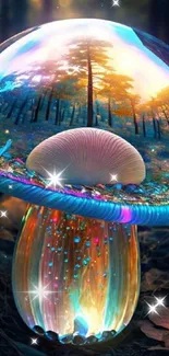 Luminous mushroom with forest reflection in magical wallpaper.