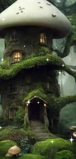 Charming mushroom house in a lush green forest setting, exuding magical vibes.