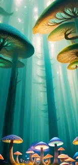 Magical forest with glowing mushrooms and a vibrant teal canopy.