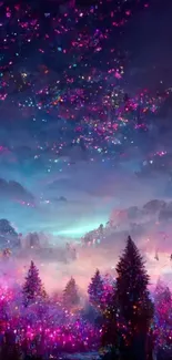 Magical forest at night with colorful sky and glowing lights.