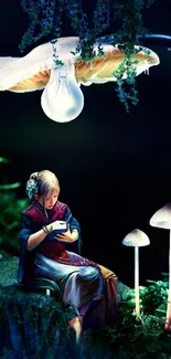 A woman reading under a whimsical lamp beside glowing mushrooms in a dark forest.